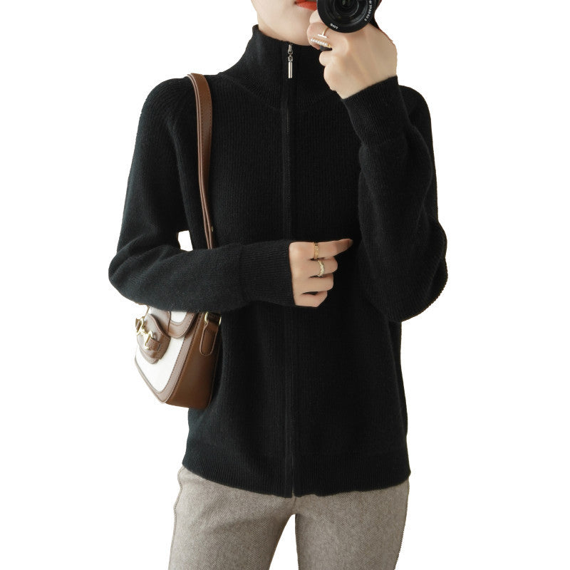 Knitted jacket for women with high collar and full zip Lune London