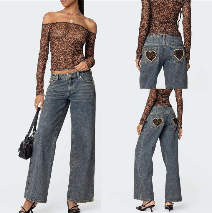 Women's Off-Shoulder Long Sleeve Shirt with Leopard Print Lune London