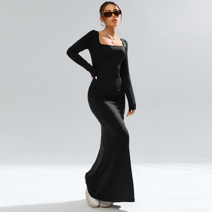 Elegant maxi dress for women with an unusual square neckline and a flattering silhouette