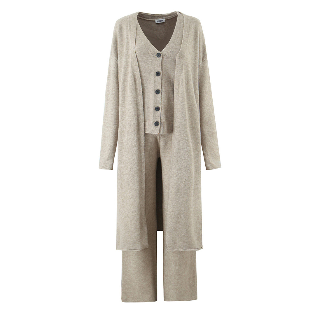 Ladies elegant knitted outfit with long cardigan, button placket and wide trousers Lune London