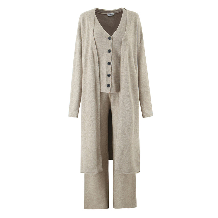 Ladies elegant knitted outfit with long cardigan, button placket and wide trousers Lune London