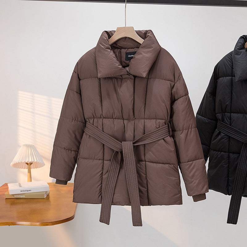Ladies Quilted Jacket with Belt and Elegant Chic Collar Shape
