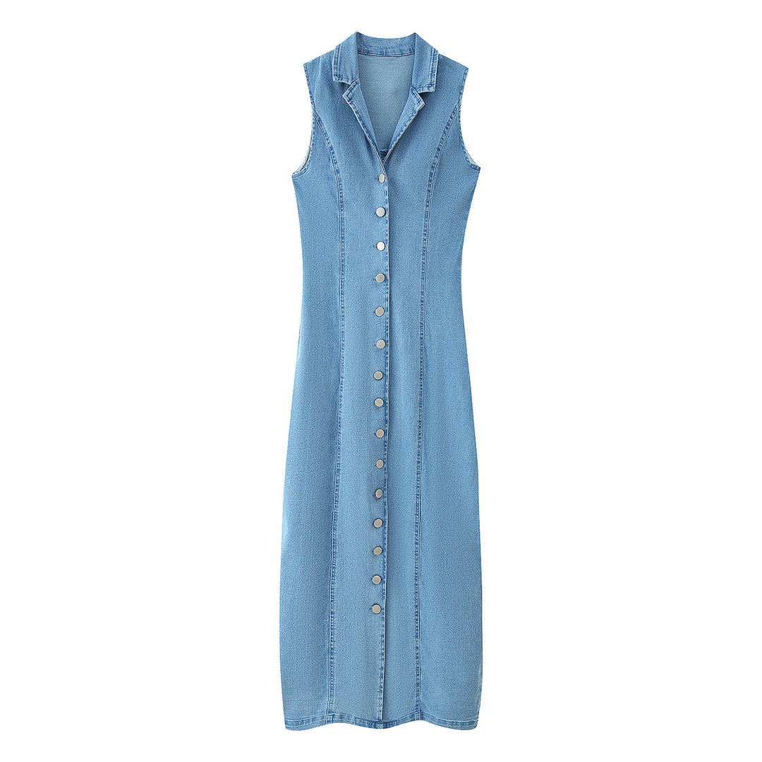 Maxi denim dress for women with button placket and high collar Lune London