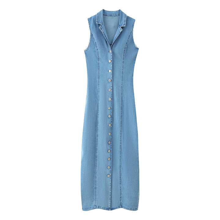 Maxi denim dress for women with button placket and high collar Lune London