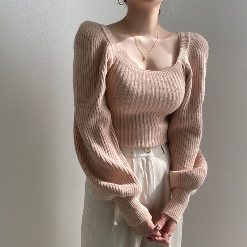 Fine knit sweater for women with a modern square neckline and flared sleeves Lune London