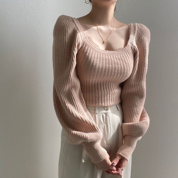 Fine knit sweater for women with a modern square neckline and flared sleeves Lune London