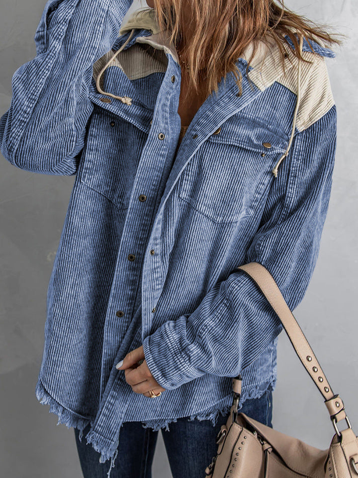 Lune London | Jacket with hood - Oversized fit - Cord texture - Button closure - Fringe edge
