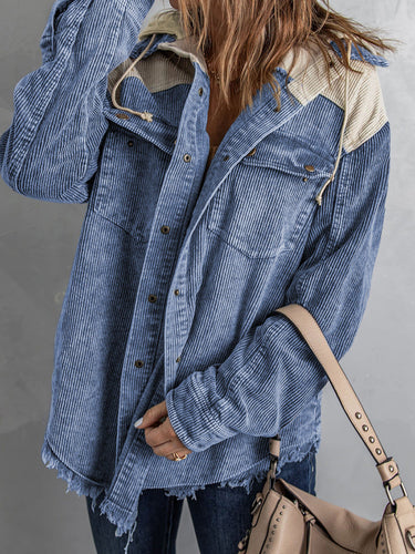 Lune London | Jacket with hood - Oversized fit - Cord texture - Button closure - Fringe edge
