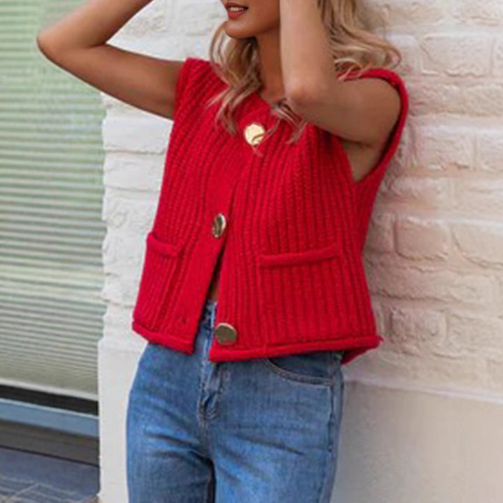 Knitted vest for women with decorative buttons and practical pockets Lune London