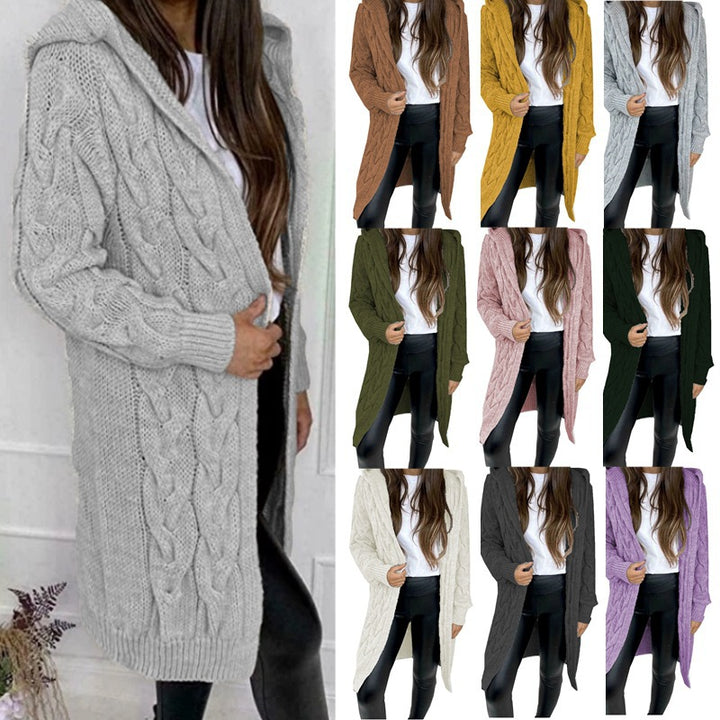 Ladies long knitted cardigan with hood and braided design Lune London