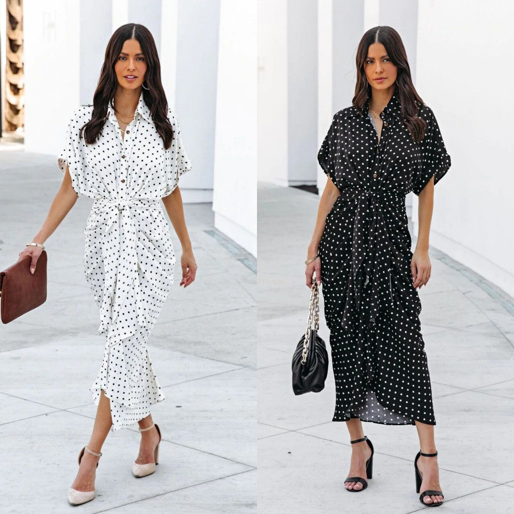Polka dot midi dress for ladies with tie belt Lune London