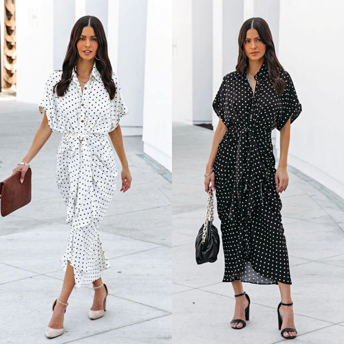 Polka dot midi dress for ladies with tie belt Lune London