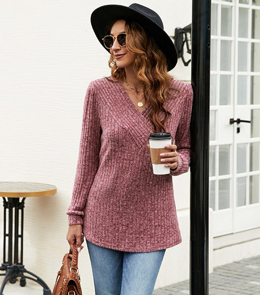 Women V-neck long sleeve ribbed texture sweater with comfortable fit Lune London