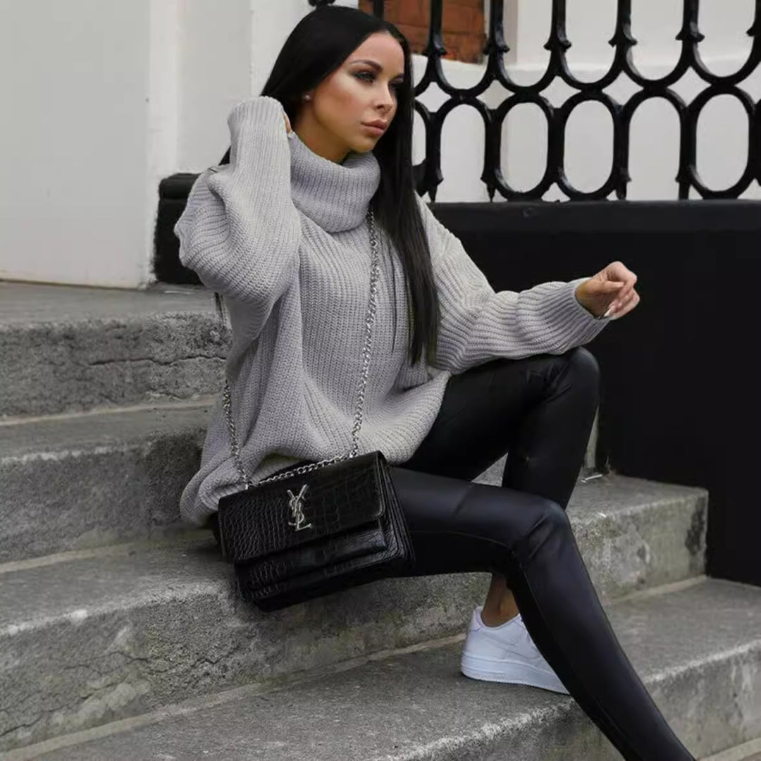 Ladies Oversized Knit Sweater with High Collar and Structured Design Lune London