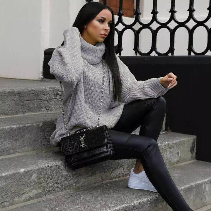 Ladies Oversized Knit Sweater with High Collar and Structured Design Lune London