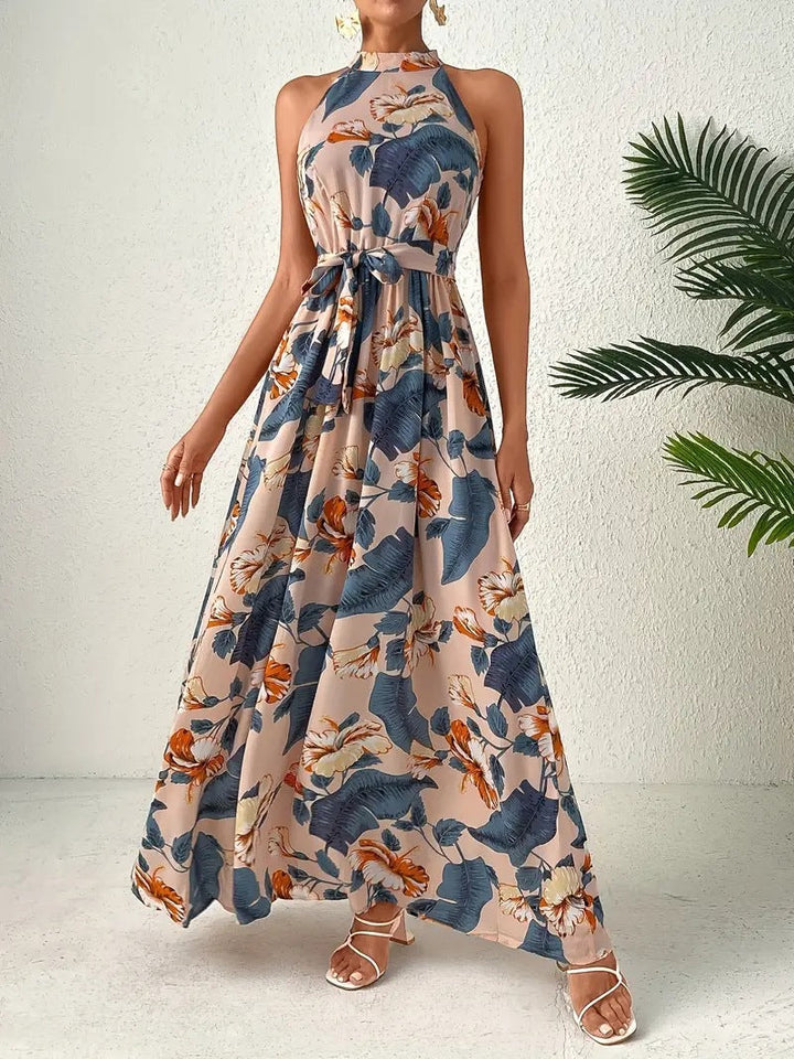 Women's Maxi Dress in Boho Style with High Collar and Tied Belt Lune London