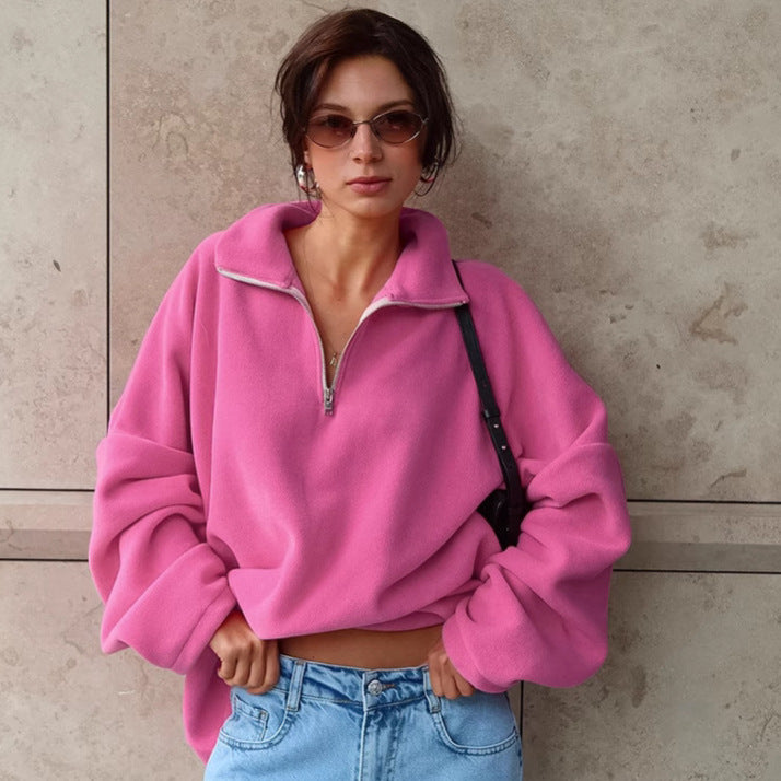 Oversized fleece pullover for women with half-zip and relaxed fit Lune London