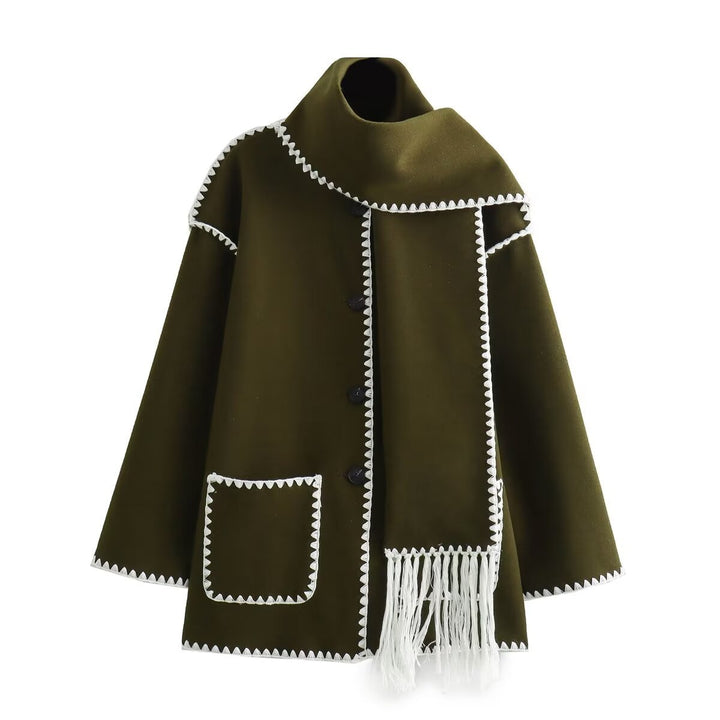 Elegant women's wool jacket with decorative fringed scarf Lune London