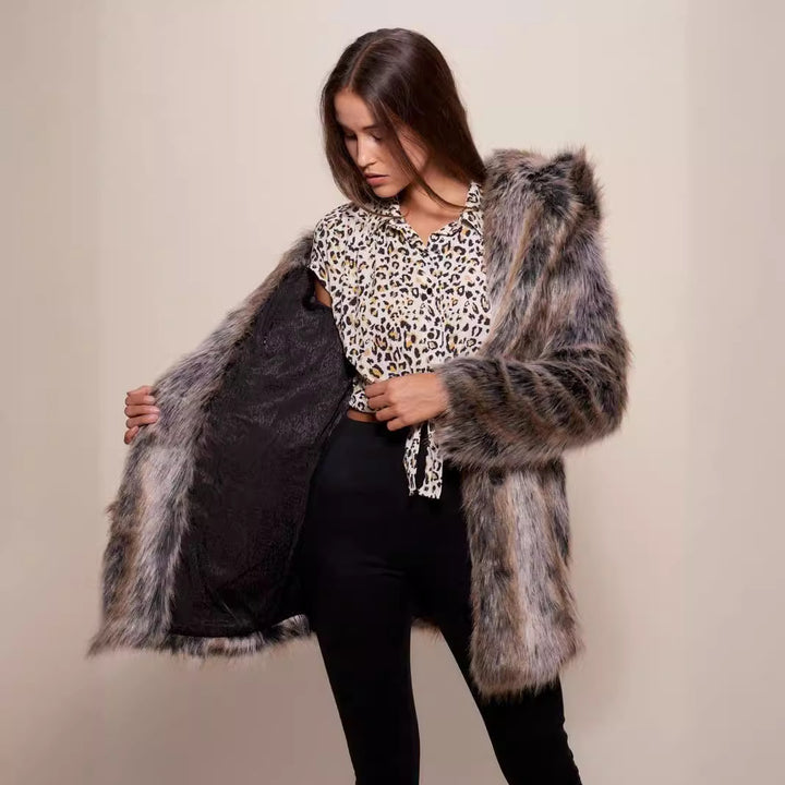 Ladies Luxurious Faux Fur Coat with Hood Lune London