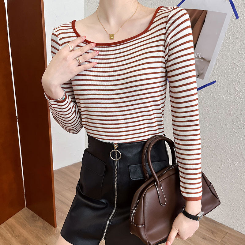 Women's long-sleeve shirt with maritime striped pattern and wide round neckline Chic & Stil