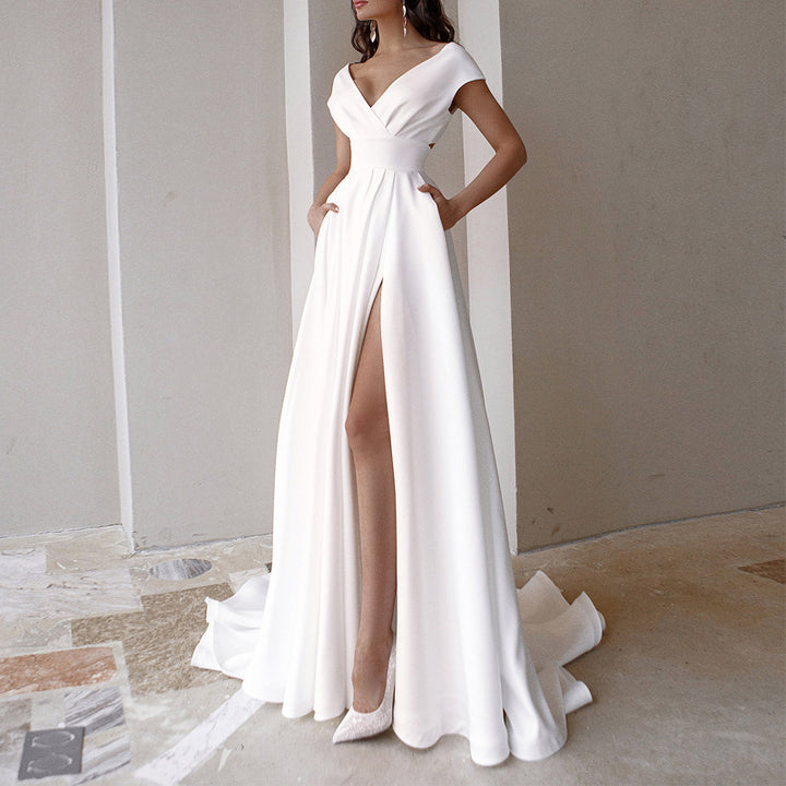Elegant maxi dress for women with deep V-neckline and side slit Lune London