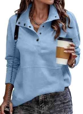 Vintage style women's sporty sweater with high collar and snap buttons Lune London