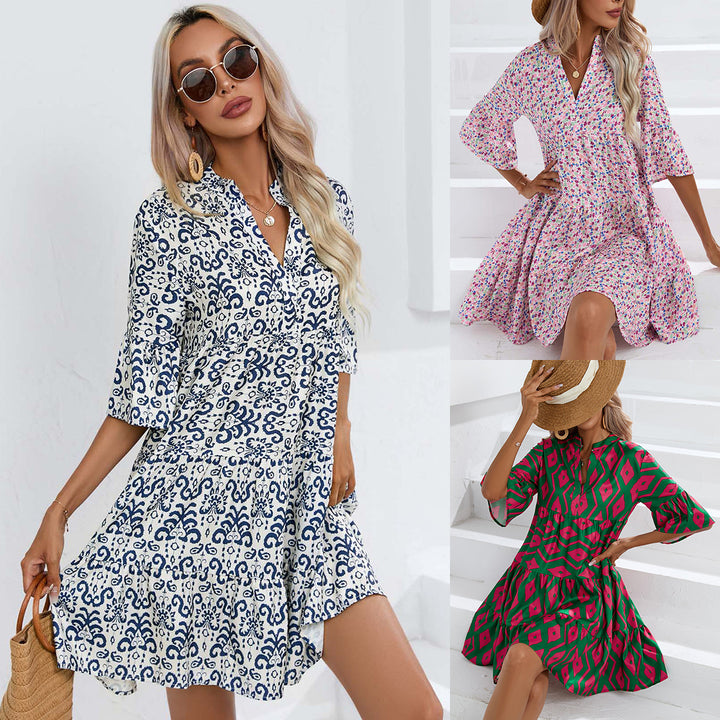 Shirt dress for women with voluminous ruffled sleeves and a playful floral pattern Lune London