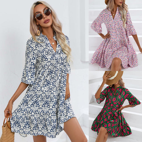 Shirt dress for women with voluminous ruffled sleeves and a playful floral pattern Lune London
