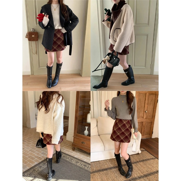 Ladies fashionable mini skirt with checkered structure and side pockets Chic & Stil