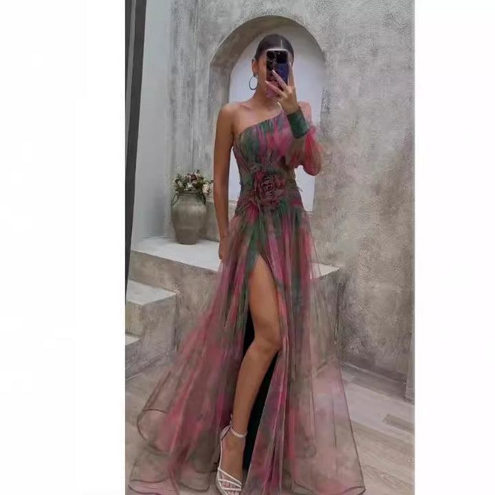 Women's evening dress with asymmetric design and floral accents Lune London