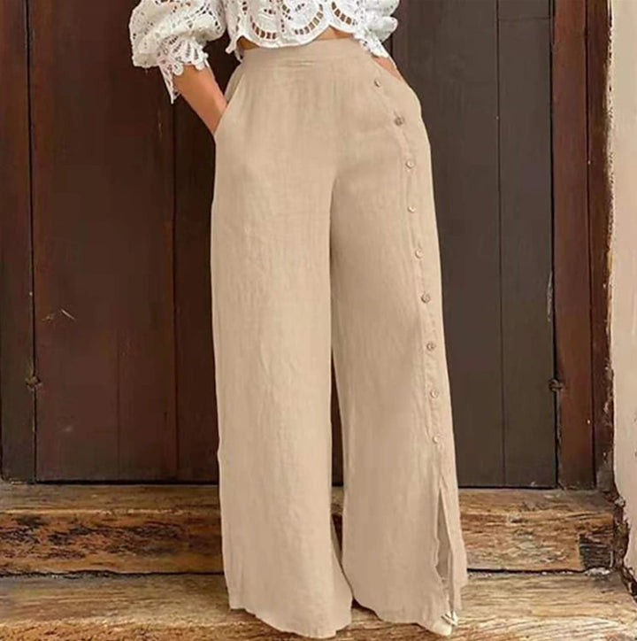 Pantalons larges en coton pour femmes avec détails de bouton sur le côté et ouverture de jambe élégante Chic & Stil