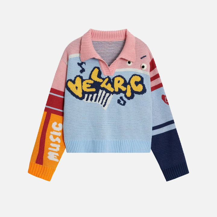 Knit sweater for women with colorful graphic design and modern collar Lune London