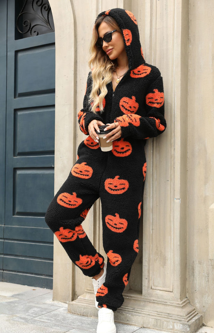 Ladies Comfortable Halloween Jumpsuit with Hood and Cute Fleece Lune London