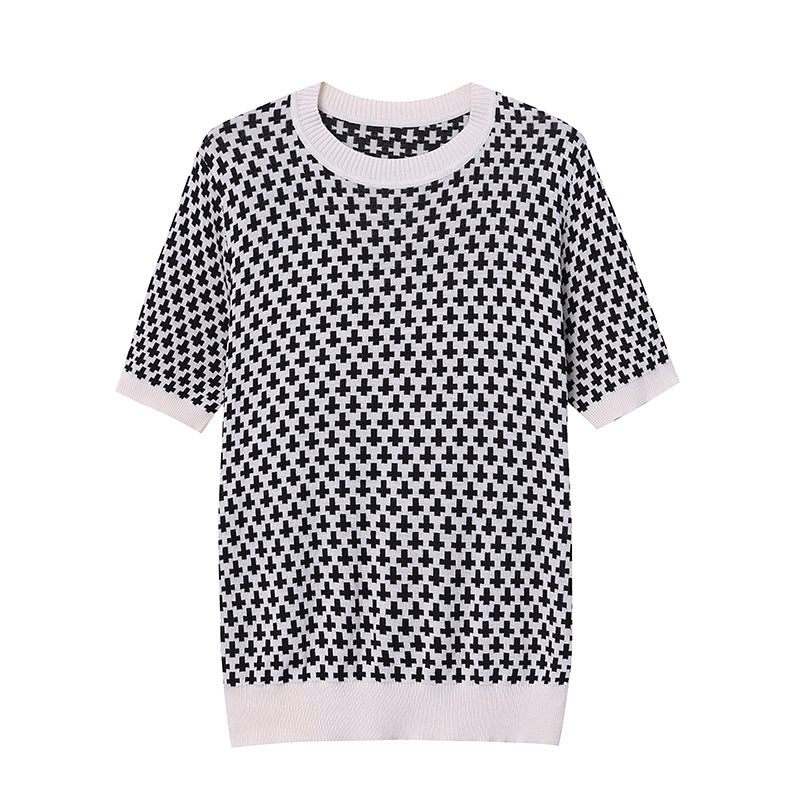 Ladies' Fashionable Short Sleeve Sweater with Graphic Pattern Chic & Stil