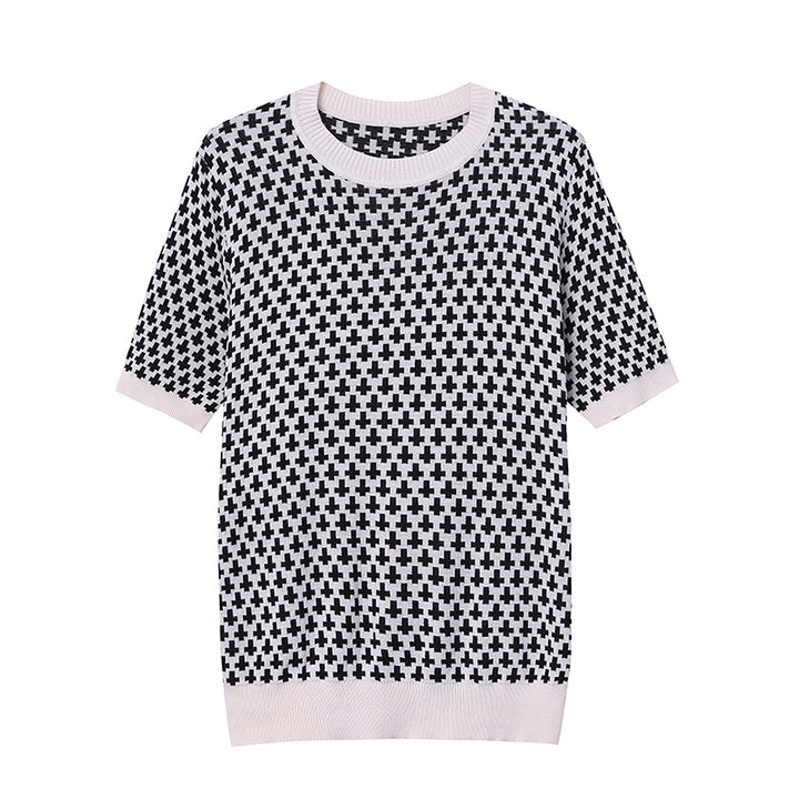 Ladies' Fashionable Short Sleeve Sweater with Graphic Pattern Chic & Stil