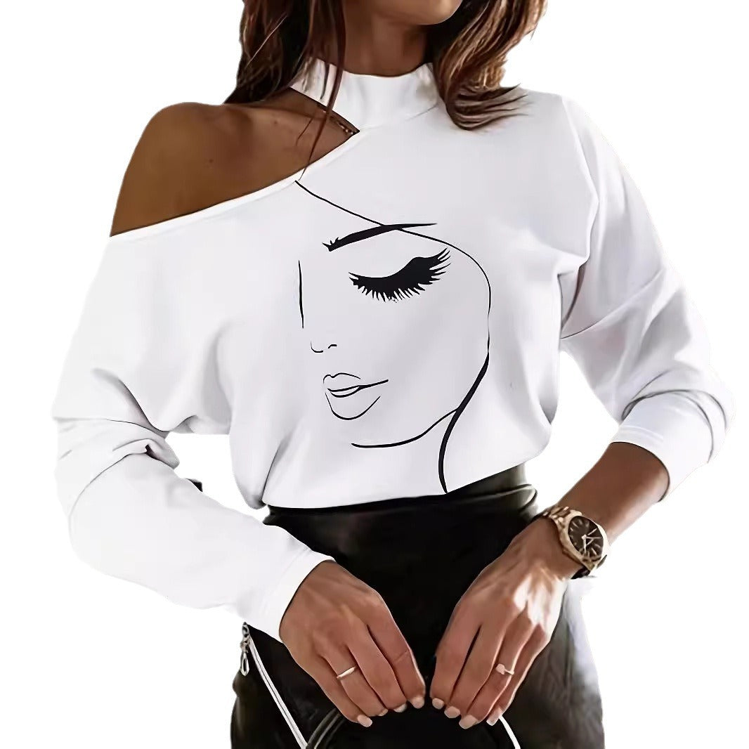 Ladies Oversized Sweatshirt with Off-Shoulders and Chic Elegant Print
