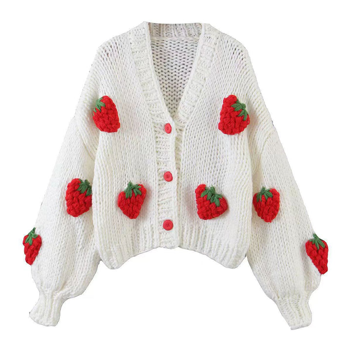 Womens knit jacket with strawberry appliqués and button closure Lune London