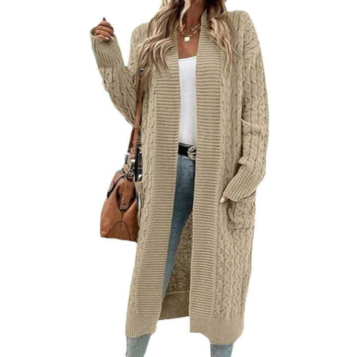 Knitted coat for women with elegant braided design and practical pockets Lune London