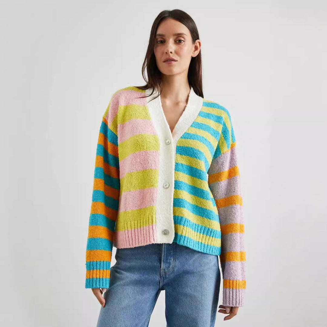 Women Striped Patterned Vest with Colorful Stripe Pattern and Chic Button Details