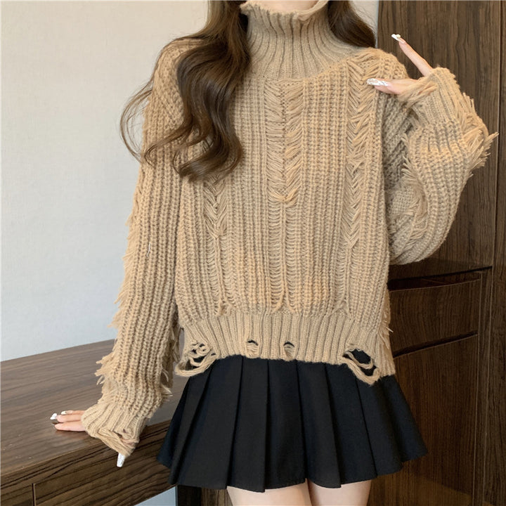Pull en tricot épais pour femmes avec col montant et franges modernes Chic & Stil