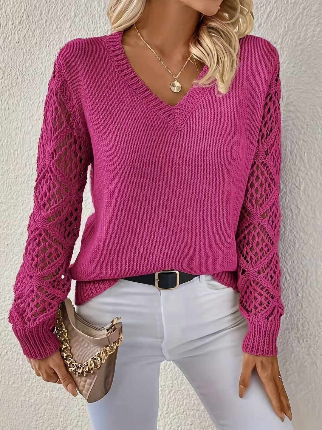Knit sweater for women with refined crochet sleeves and a chic V-neck