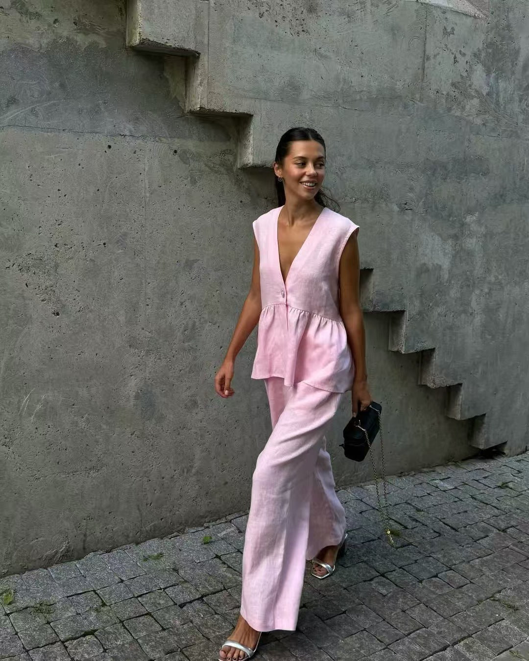 Women two-piece airy set in high-quality linen blend with casual cut Chic and Style