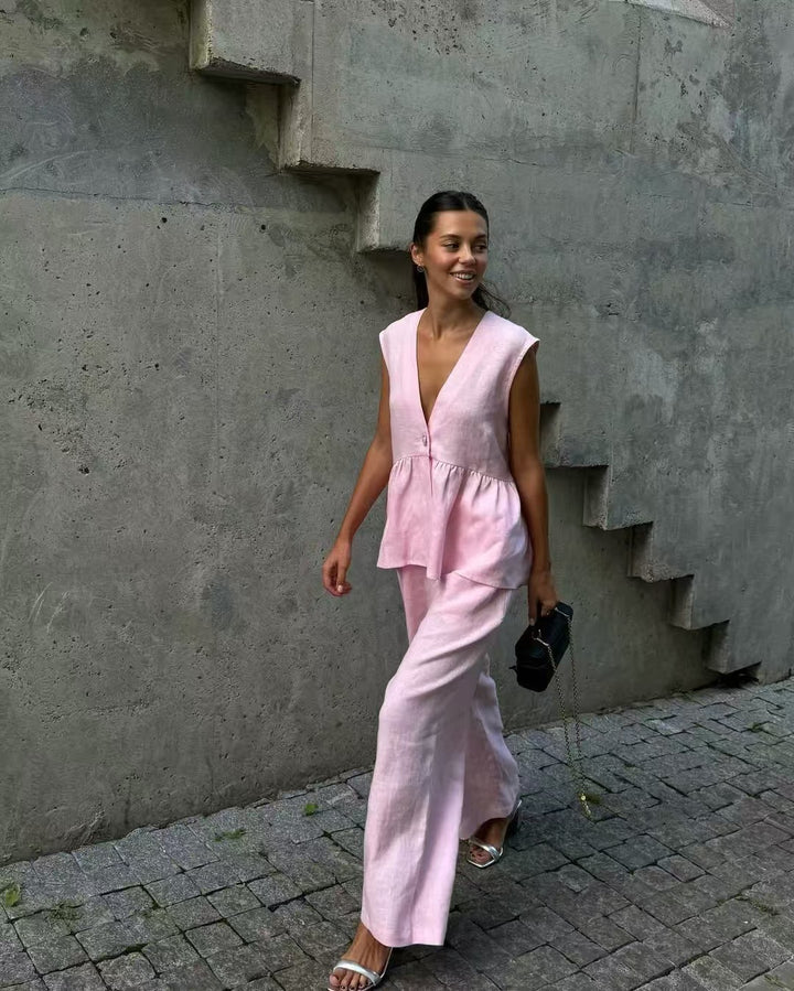 Women two-piece airy set in high-quality linen blend with casual cut Chic and Style