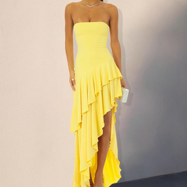 Long sleeve maxi dress for women with gathered details and bias hem Lune London
