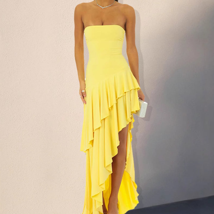 Long sleeve maxi dress for women with gathered details and bias hem Lune London