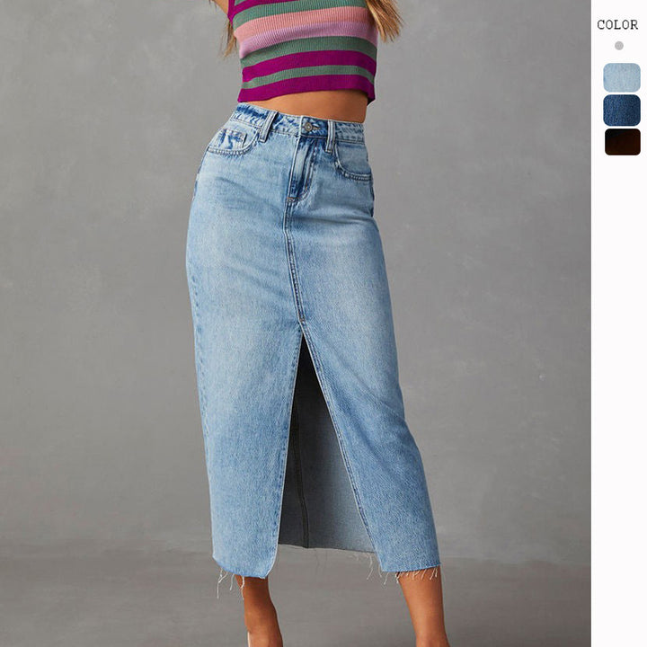Women's high-cut denim mid skirt with side slit and frayed hems Lune London