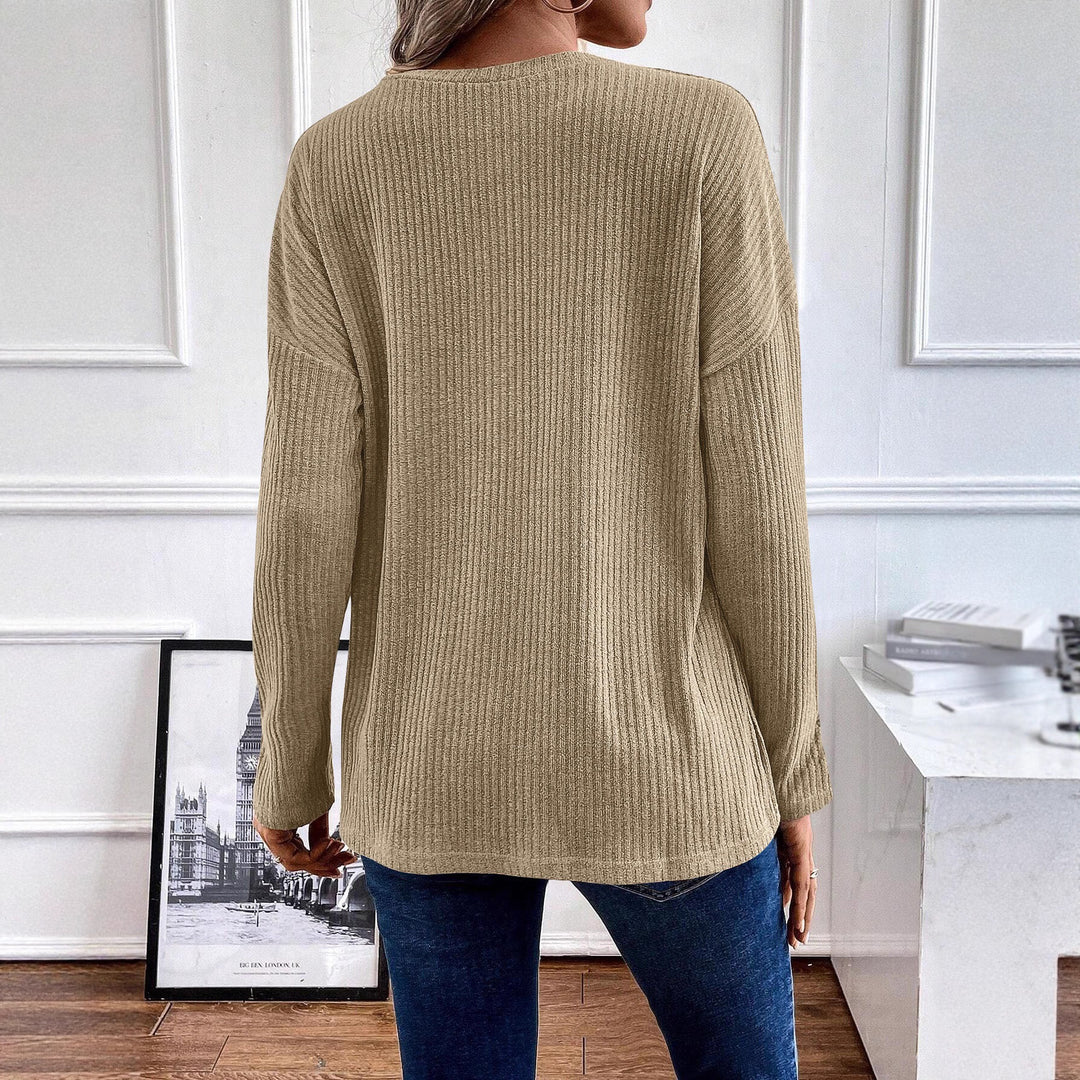 Lune London women's ribbed leisure sweater with button placket and 3/4 sleeves