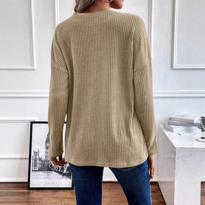 Lune London women's ribbed leisure sweater with button placket and 3/4 sleeves