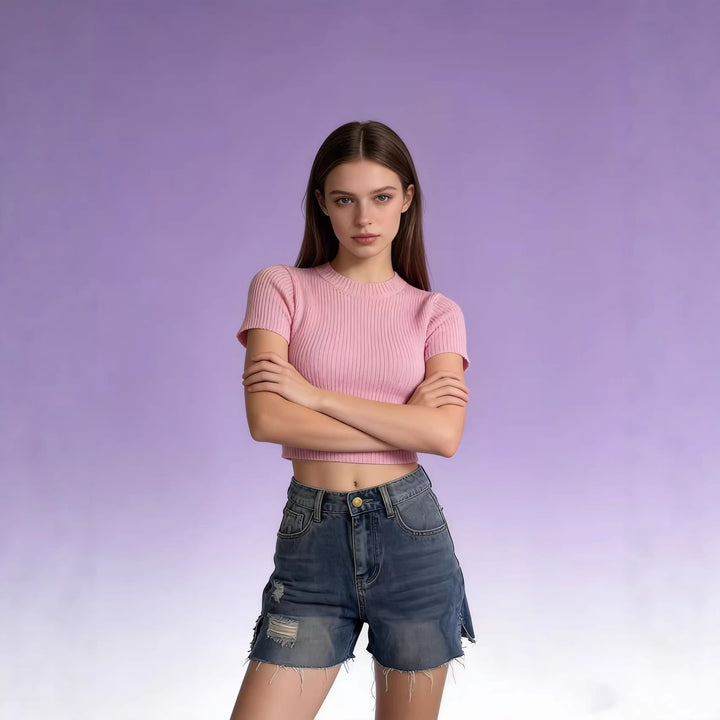 Women's casual denim shorts with frayed hems and side slit Lune London