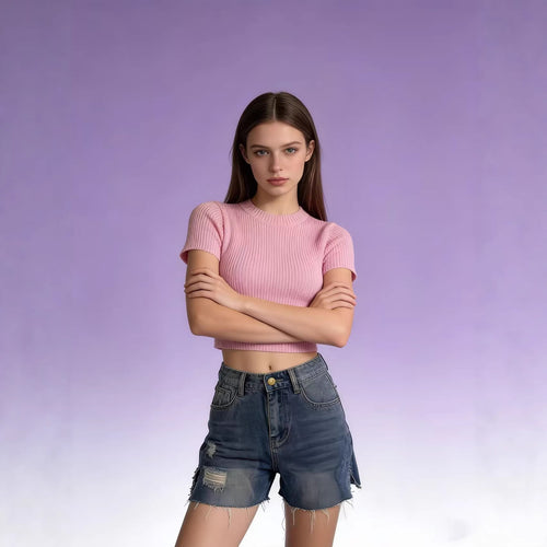 Women's casual denim shorts with frayed hems and side slit Lune London